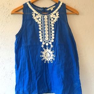 Banana Republic Cotton Embroidered Sleeveless Blouse Blue Ivory Bohemian gauzy